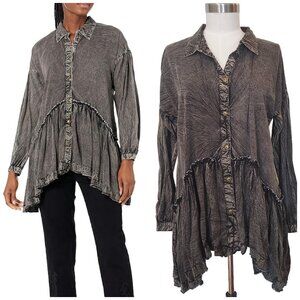 Tru Luxe Jeans Womens Oversized Vintage Wash Button Up Peplum Top Large